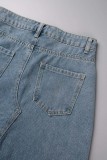 Blaue, lässige, einfarbige, zerrissene, asymmetrische, schmale Jeansröcke mit hoher Taille und Patchwork