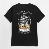 Zwart LOSSE LIPPEN ZINK SCHEPEN Schedels Schip in het Water Grafisch Zwart Print T-shirt