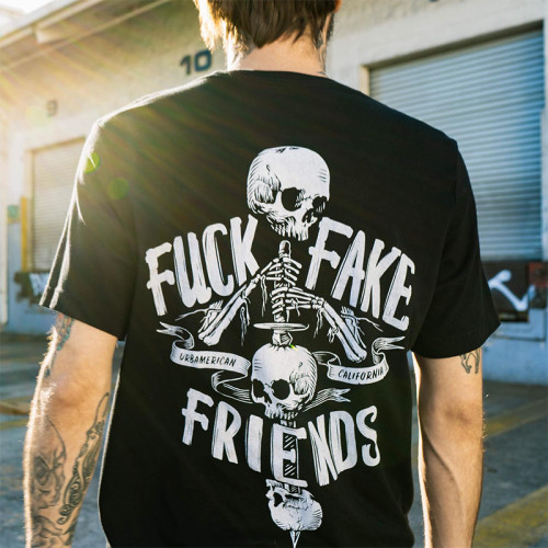 Black FUCK FAKE FRIENDS Skull Bone Graphic Black Print T-shirt