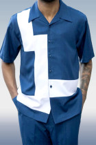 Costume de marche 2 pièces à manches courtes pour homme bleu foncé et blanc bloc de couleur Tetris en bleu