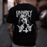 T-shirt noir UNHOLY Nun avec crucifix sur le front Graphic Casual Black Print