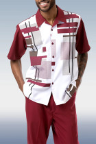 White Red Burgundy Geometric Print Walking Suit 2 Piece Short Sleeve Set