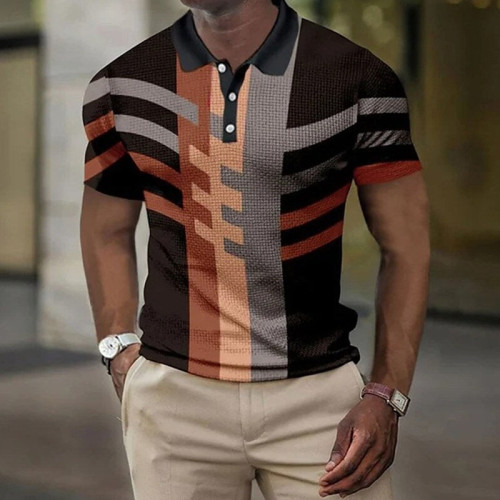 Zwart-oranje herenoverhemd met korte mouwen, gestreept grafisch 3D-print, button-down