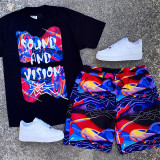 Multi-color Short Sleeve Fashion Casual Print Shorts Plus Size Suits