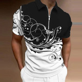 Schwarz-weißes Herren-Poloshirt mit Blumen-Grafikdruck, Turndown-Reißverschluss und kurzen Ärmeln
