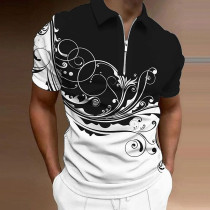 ホワイトブラックメンズフローラルグラフィックプリントターンダウンジッパー半袖ポロシャツ