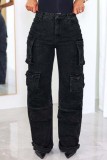 Nero Grigio Casual Solido Patchwork Regular Vita alta Jeans tinta unita convenzionali
