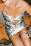 Silver Sexy Street Party Solid Hollowed Out Patchwork Strapless One Step Skirt Dresses