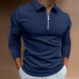 Camisa con cremallera de manga larga con cuello de color sólido de waffle para hombre azul