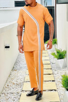 Orange geometriskt fyrkantigt tryck avslappnad kortärmad tvådelad kostym 083