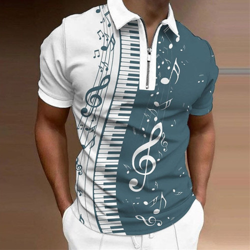 Camisa de manga corta con cremallera y estampado 3D de notas gráficas de moda para hombre en blanco y azul
