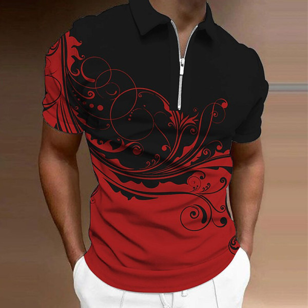 Rotes Herren-Poloshirt mit Blumen-Grafikdruck, Turndown-Reißverschluss und kurzen Ärmeln