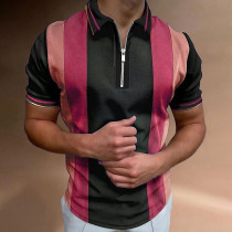 Black Pink Men's Golf Shirt Striped Turndown Casual Daily Zipper Short Sleeve Tops Casual Fashion Comfortable Sports Blue Purple Khaki