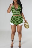 Colletto con cerniera patchwork a righe casual sexy verde senza maniche in due pezzi