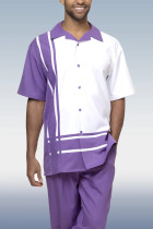 White Purple Purple Short Sleeve Trousers Two-Piece Walking Set