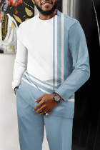 White Blue Men's Casual Color Blocking Long Sleeve Walking Suit-188