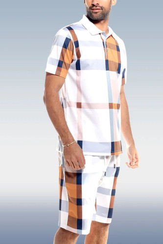 Khaki Men's White Plaid Polo Shirt 2 Piece Shorts Set