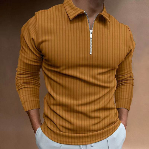 Earth Yellow Men's Waffle Solid Color Collar Patchwork Long Sleeve Zipper Shirt