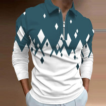 Blau-weißes Turndown-Langarm-Poloshirt mit Reißverschluss für Herren mit abstrakten Grafikdrucken