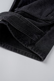 Preto Cinza Casual Solid Patchwork Regular Cintura Alta Calça Jeans Convencional de Cor Sólida