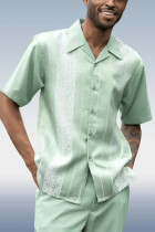 Green Floral Stripe Apple Color Walking Suit 2 Piece Short Sleeve Set