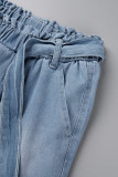 Calça jeans reta azul casual bandagem patchwork cintura alta