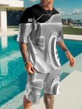 Blue Men's Fashion 3D Printing Short Sleeve Two-Piece Suit 3 Colors