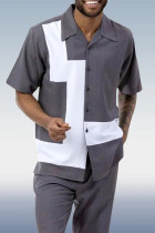 Grey Men's 2 Piece Short Sleeve Walking Suit Tetris Color Block in Grey