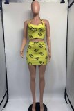 Yellow Sexy Print Backless Halter Sleeveless Two Pieces