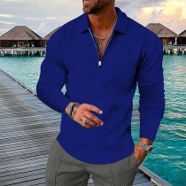 Camisa de golf de manga larga con media cremallera a cuadros con estampado 3D para hombre azul profundo