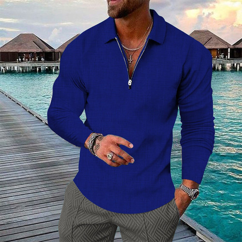 Deep Blue Men's 3D Print Plaid Half Zipper Long Sleeve Golf Shirt
