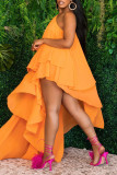 Оранжевые Сладкие Элегантные Платья для отпуска с однотонными складками и косым воротником Нерегулярные платья Платья