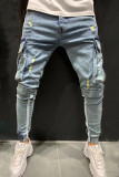 Pantalones de retazos de lápiz de cintura alta sueltos con bolsillo rasgado sólido gris