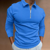 Tibetan Blue Men's Waffle Solid Color Collar Patchwork Long Sleeve Zipper Shirt