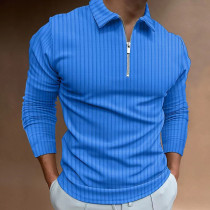 Camisa con cremallera de manga larga con cuello de color sólido de waffle para hombre azul