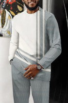 White Grey Men's Casual Color Blocking Long Sleeve Walking Suit-173