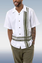 White Green Striped Color Block Walking Suit 2 Piece Short Sleeve Set