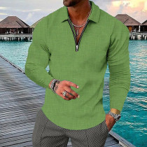 Camisa masculina verde claro com estampa 3D xadrez meio zíper manga longa golfe