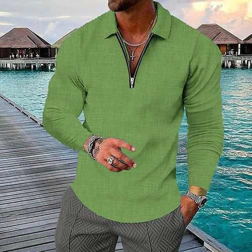 Light Green Men's 3D Print Plaid Half Zipper Long Sleeve Golf Shirt