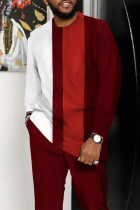 Белый красный мужской повседневный прогулочный костюм с цветными блоками и длинным рукавом-169