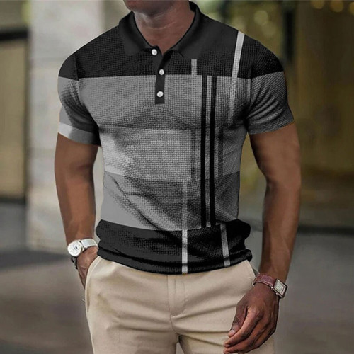 Camisa masculina preta cinza mangas curtas listrada estampada em 3D com botões