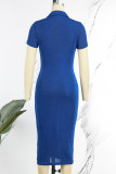 Blue Casual Solid Patchwork Fold Turndown Collar Short Sleeve Dress