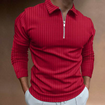 Red Men's Waffle Solid Color Collar Patchwork Long Sleeve Zipper Shirt