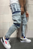 Baby Blue Casual Sportswear Solid Ripped Pocket Loose High Waist Pencil Patchwork Pants