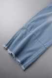 Jeans jeans reto casual azul claro bandagem patchwork cintura alta