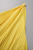 Vestidos amarelos casuais sólidos patchwork gola oblíqua dobrada A