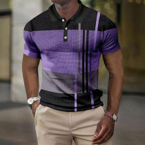 Camisa masculina preta roxa manga curta listrada estampada em 3D com botões