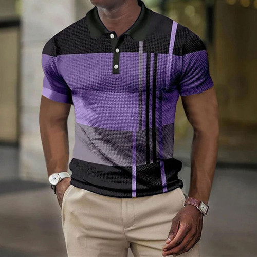 Camisa masculina preta roxa manga curta listrada estampada em 3D com botões