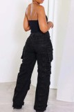Black Gray Casual Solid Patchwork Regular High Waist Conventional Solid Color Jeans