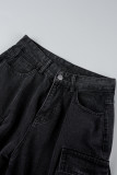 Black Gray Casual Solid Patchwork Regular High Waist Conventional Solid Wide Leg Baggy Cargo Denim Jeans